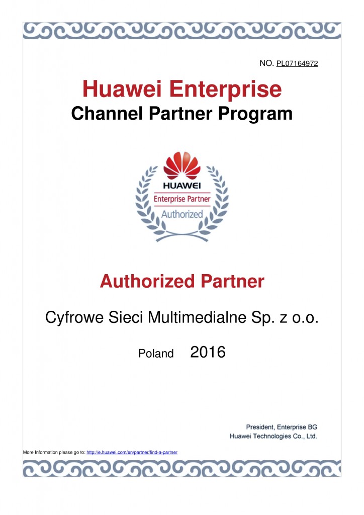 Certyfikat partnerstwa Huawei